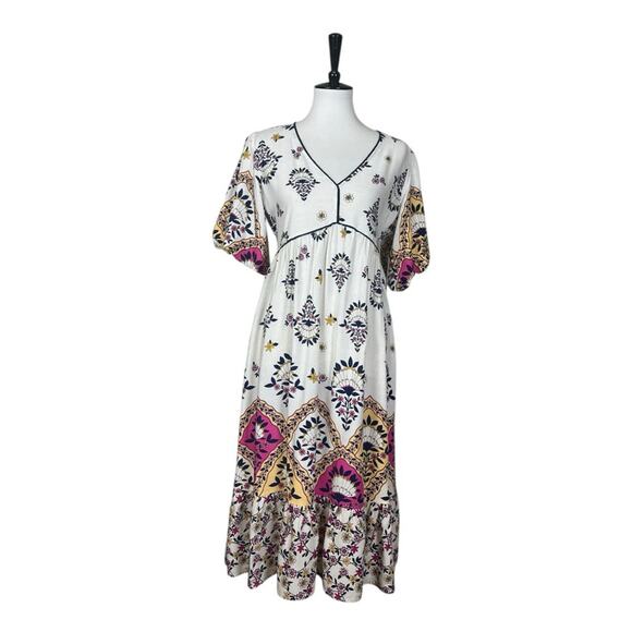 Fig + Flower New Midi Dress V-neck Puff Sleeve Cream Multi Women’s Size Small - Picture 13 of 13